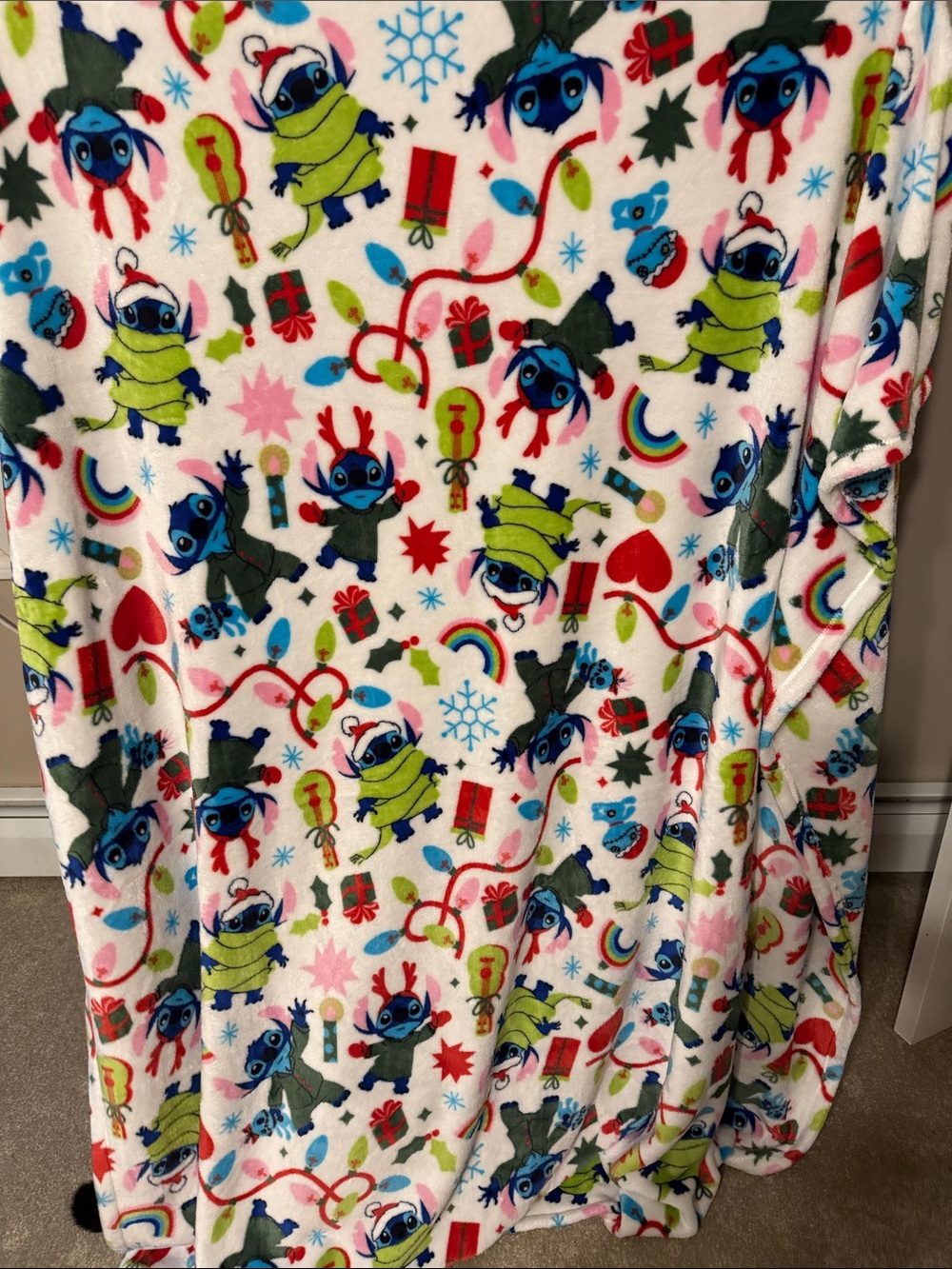 Disney Holiday Stitch Fleece Throw Blanket - Blue, Green, Red, White